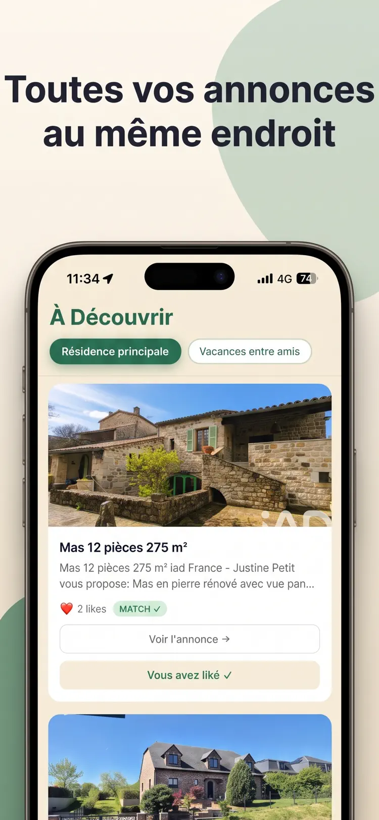 Écran « À découvrir » d'Unany : les annonces partagées par le groupe, chacune avec sa photo, son prix, son nombre de likes et un bouton pour voir l'annonce d'origine.
