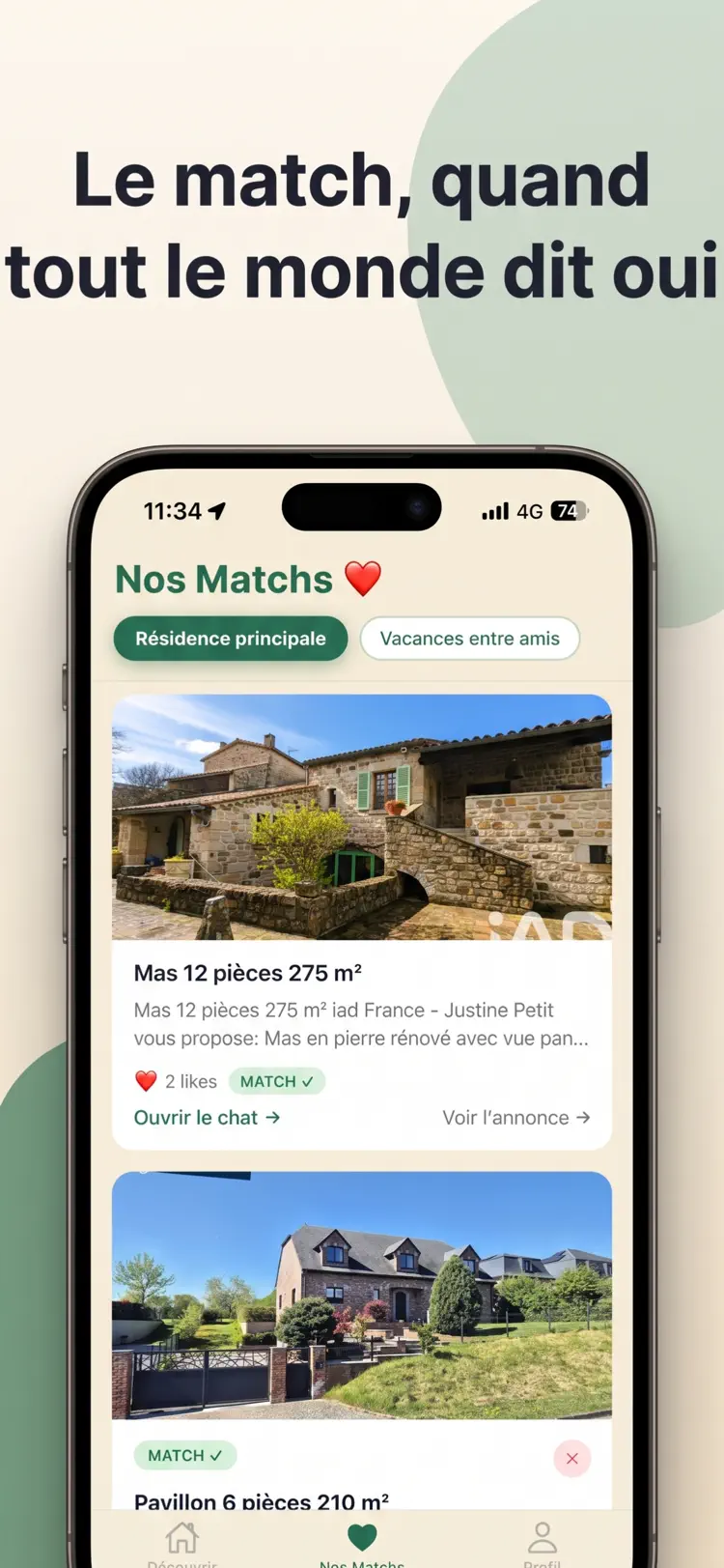 Écran « Nos matchs » d'Unany : les biens likés par tous les membres du groupe, signalés par un badge Match et un accès direct au chat.
