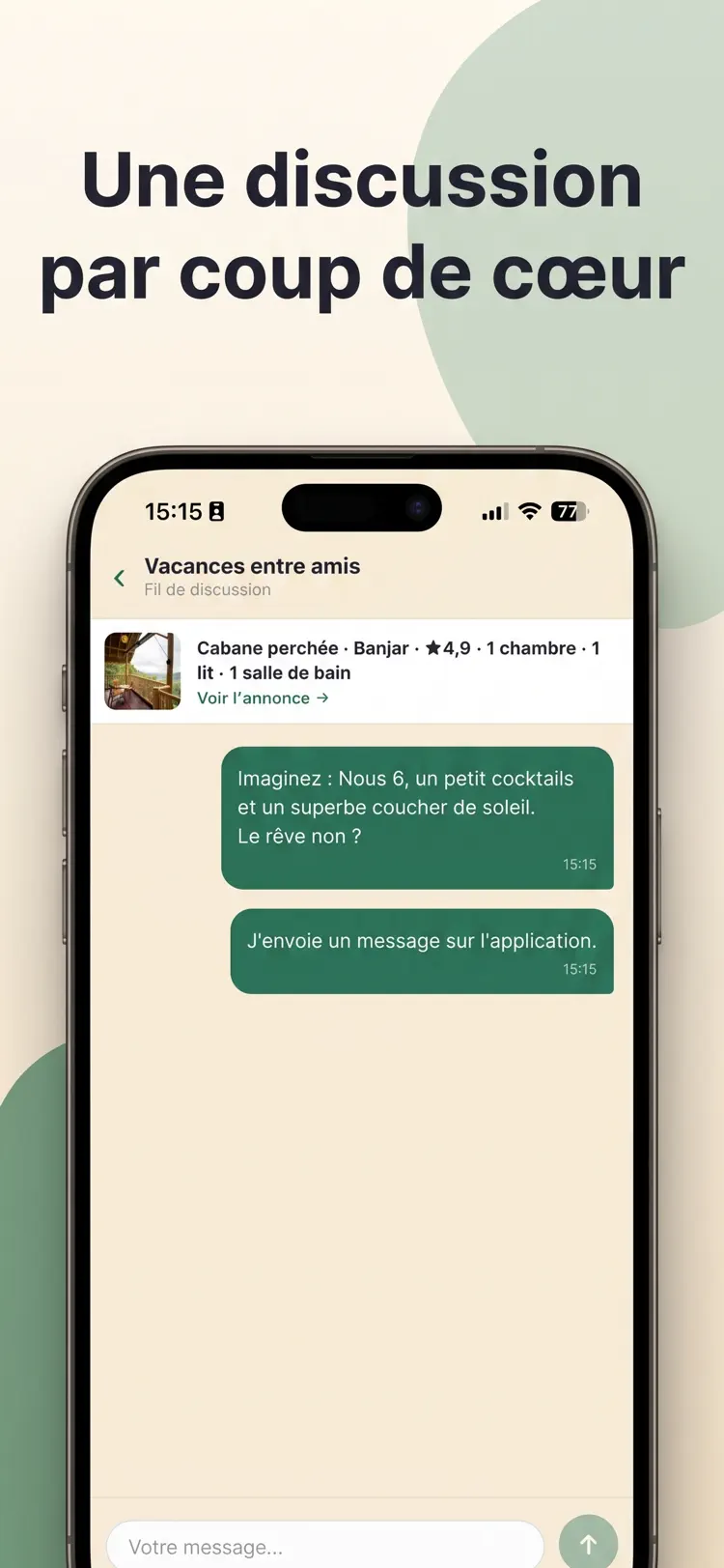 Fil de discussion d'Unany attaché à un bien matché, avec le rappel de l'annonce en en-tête et les messages du groupe.